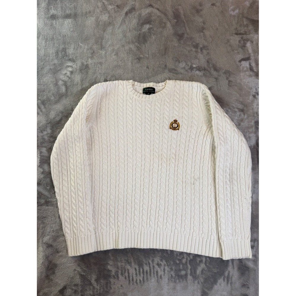 Lauren Ralph Cable Crewneck Sweater Womens M Ivory Anchor Crest Embroidered